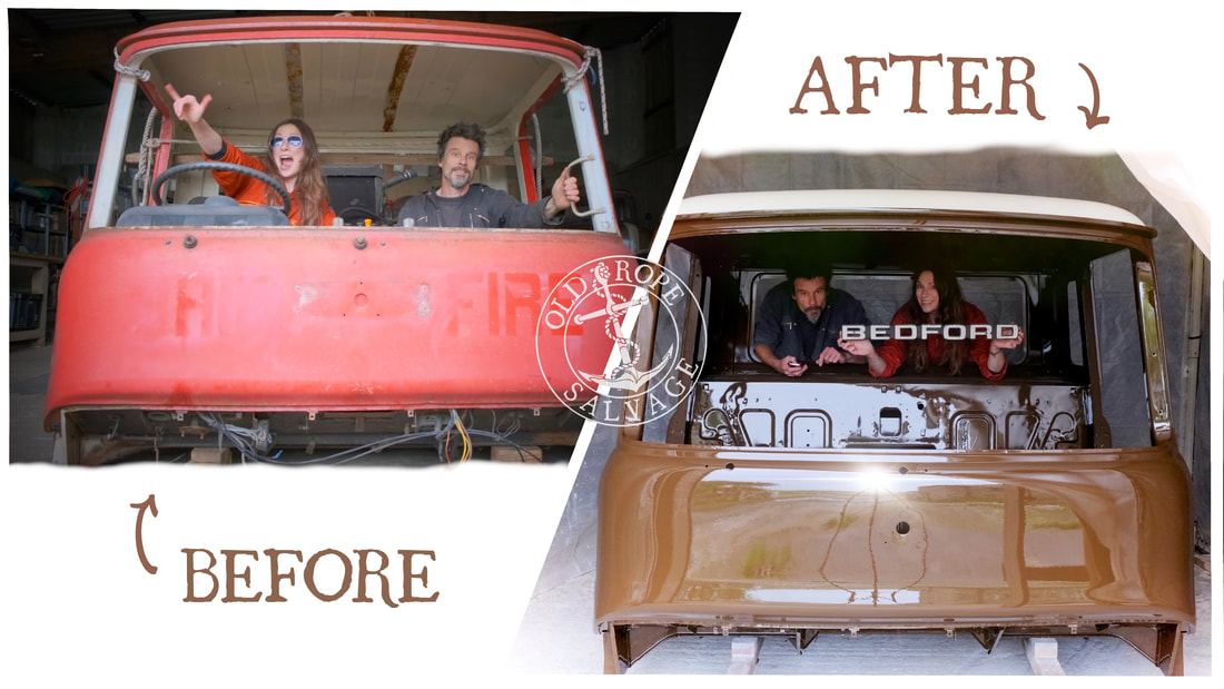 Before and after photo of the Bedford Truck cab at Old rope Salvage