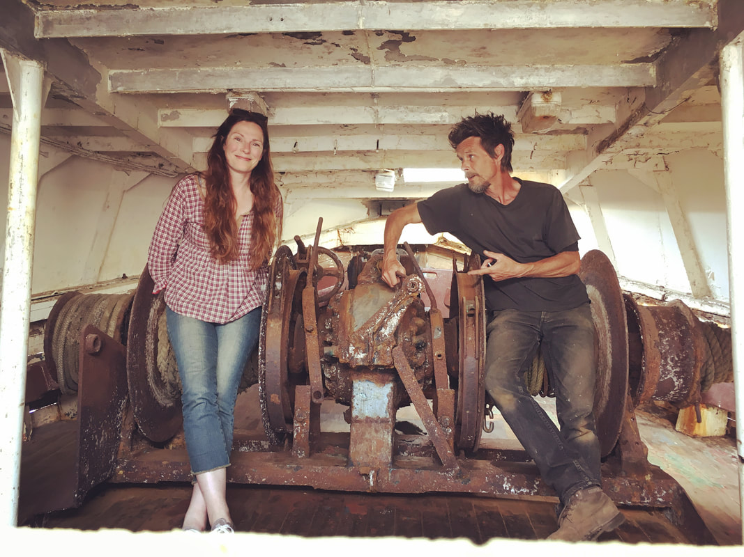 Lisa and Tim of Old Rope Salvage with the trawler winch inside Albacore