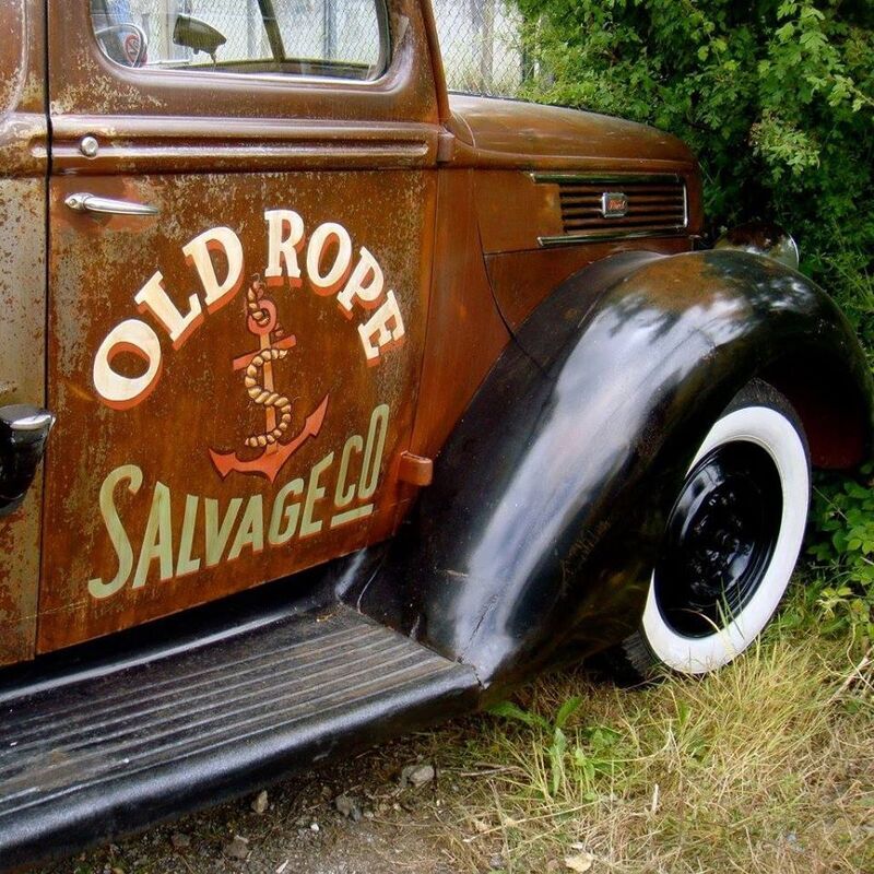 Sign-writing the Old Rope Salvage logo on to our 1941 Ford Pick-Up