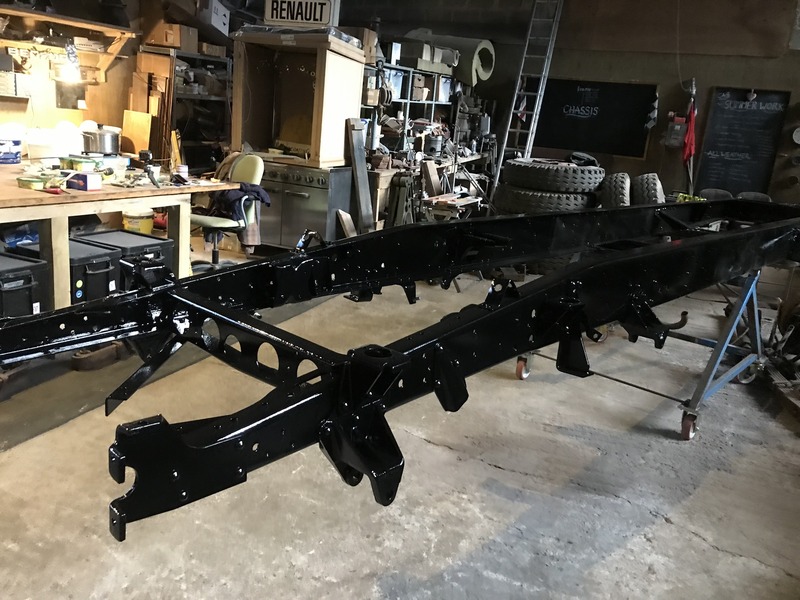 Black painted newly restored Bedford truck chassis frame