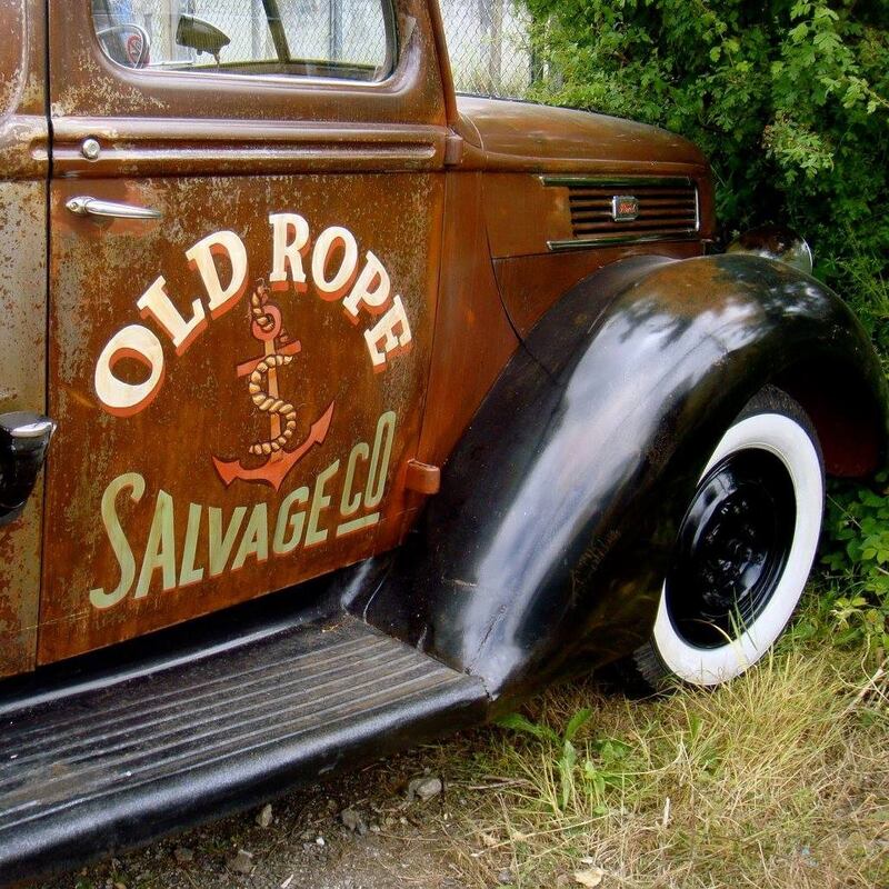 Signwriting on the door of an Old Ford truck reads ‘Old Rope Salvage’